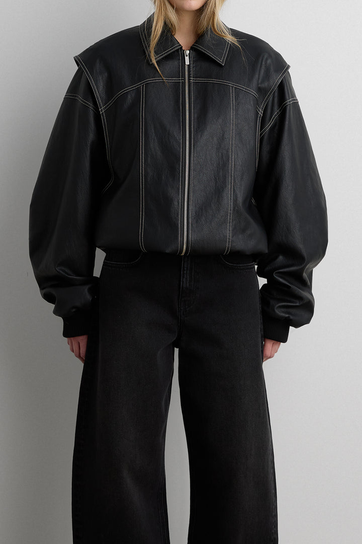 LAYERED DETAIL CONTRAST STITCH VEGAN LEATHER BOMBER in Black — alternate angle
