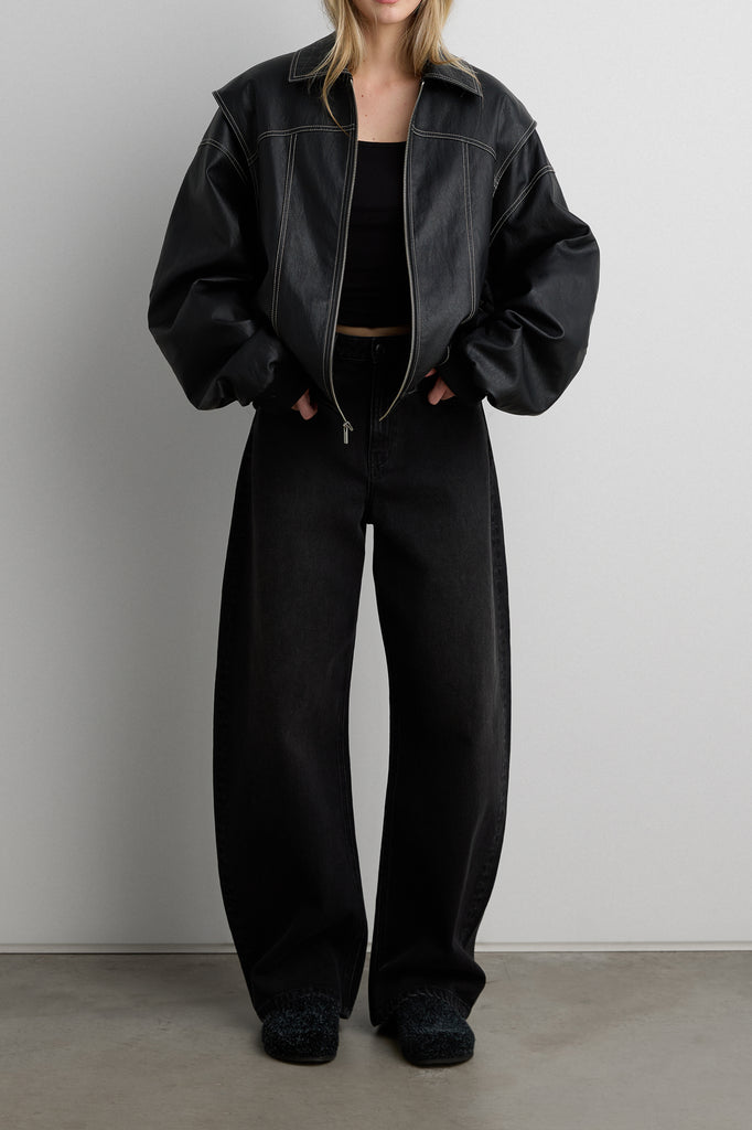 Layered Detail Contrast Stitch Vegan Leather Bomber | OAK + FORT