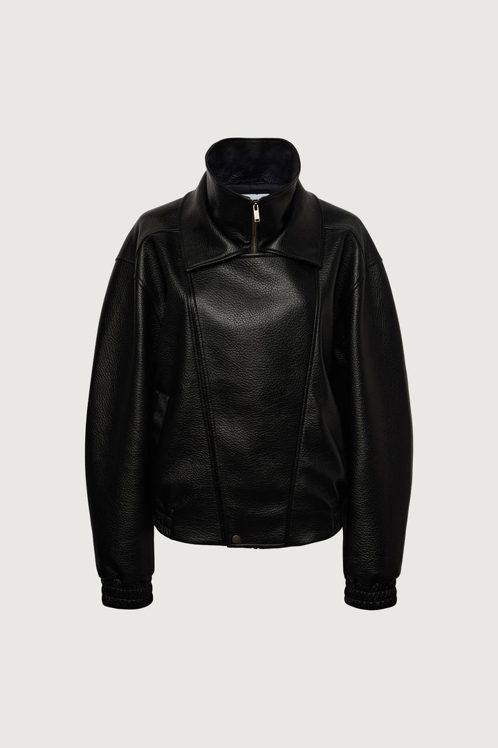 VEGAN LEATHER DOUBLE COLLAR BIKER JACKET in Black — alternate angle