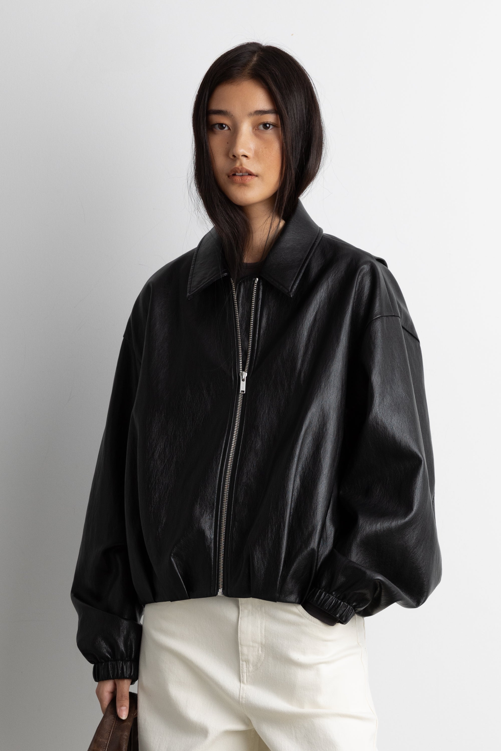 Puffed Vegan Leather Bomber Jacket with Pleats | OAK + FORT