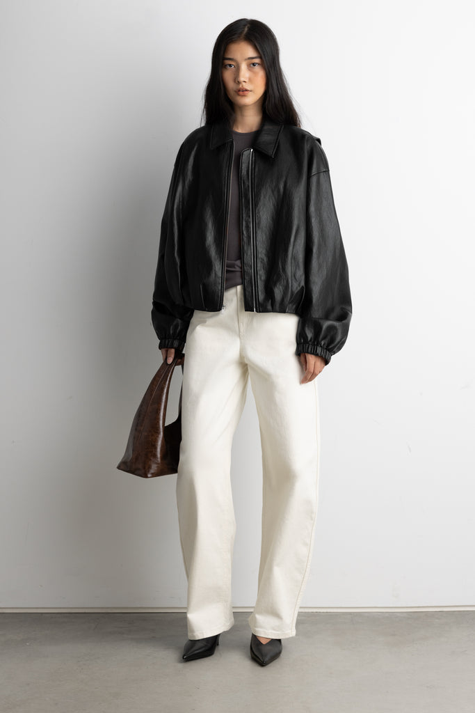 Puffed Vegan Leather Bomber Jacket with Pleats | OAK + FORT