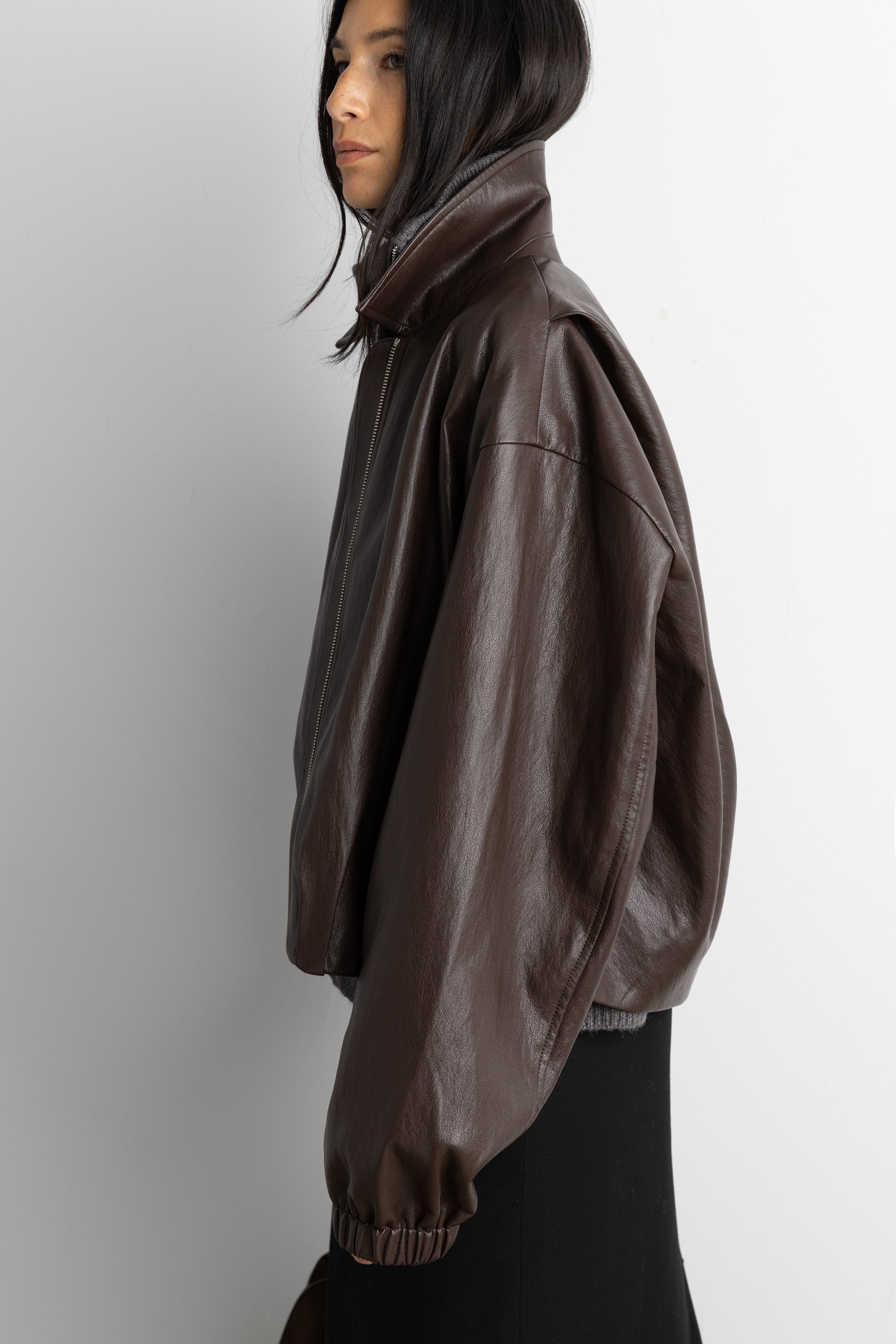Puffed Vegan Leather Bomber Jacket with Pleats | OAK + FORT