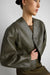 Collarless vegan leather jacket in olive — main image