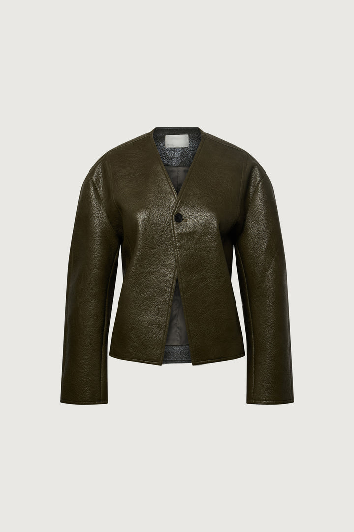 COLLARLESS VEGAN LEATHER JACKET in Olive — alternate angle