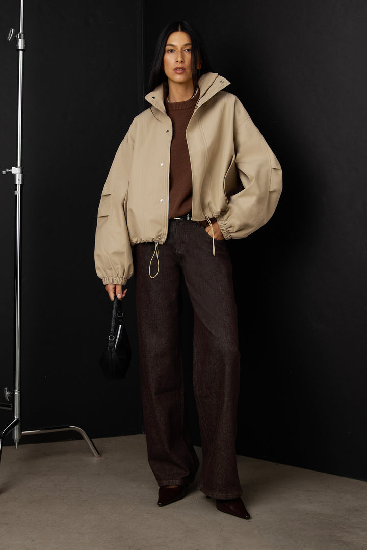 HIGH FUNNEL NECK CROPPED DRAWSTRING JACKET in Brindle — alternate angle