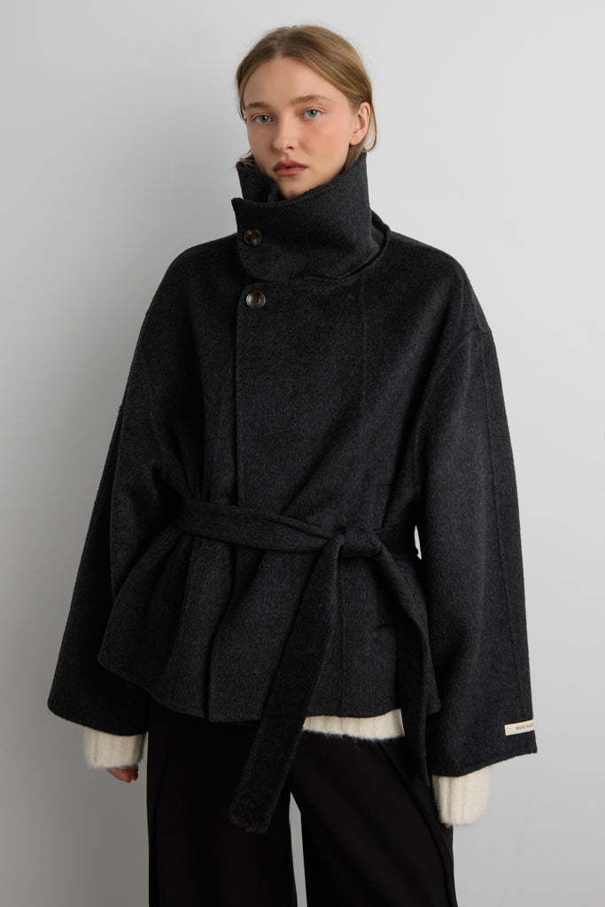 Brushed Wool Hand Made Funnel Neck Coat with Belt | OAK + FORT
