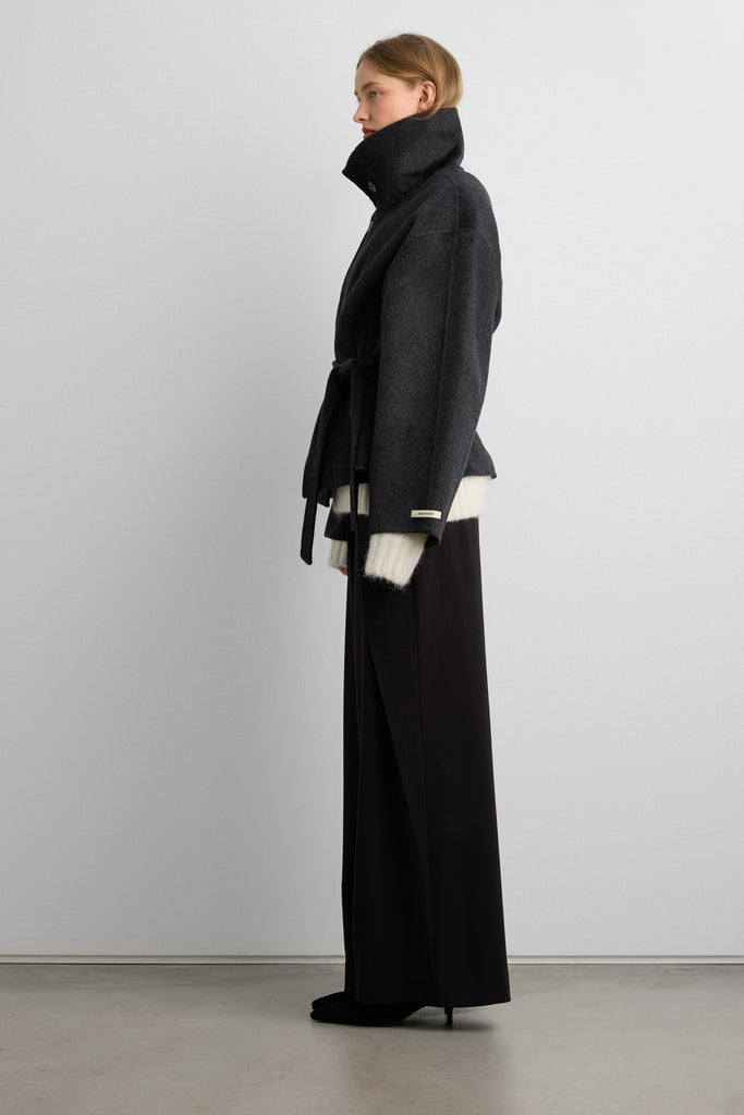 Brushed Wool Hand Made Funnel Neck Coat with Belt | OAK + FORT