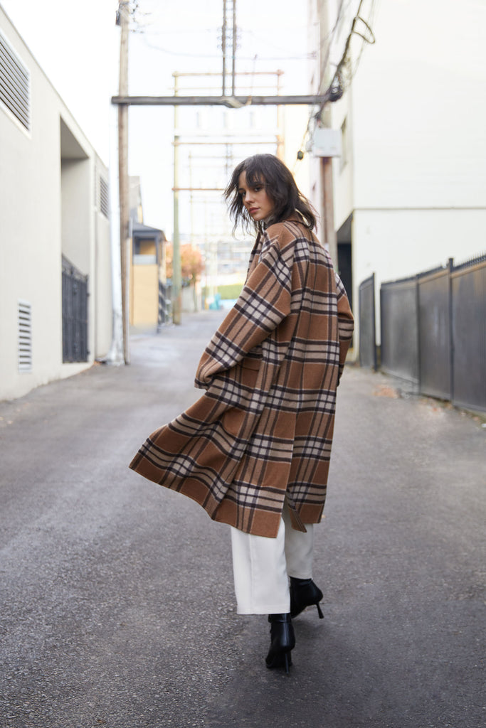 Oversized Plaid Wool Blend Coat OAK FORT1