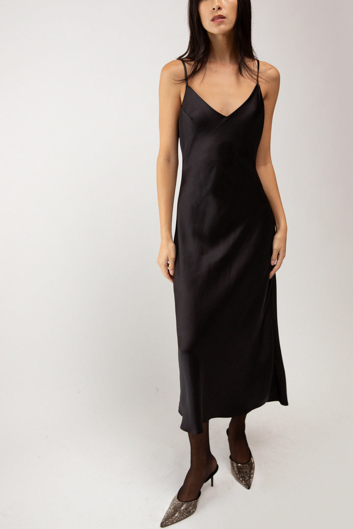 SATIN V-NECK SLIP MIDI DRESS