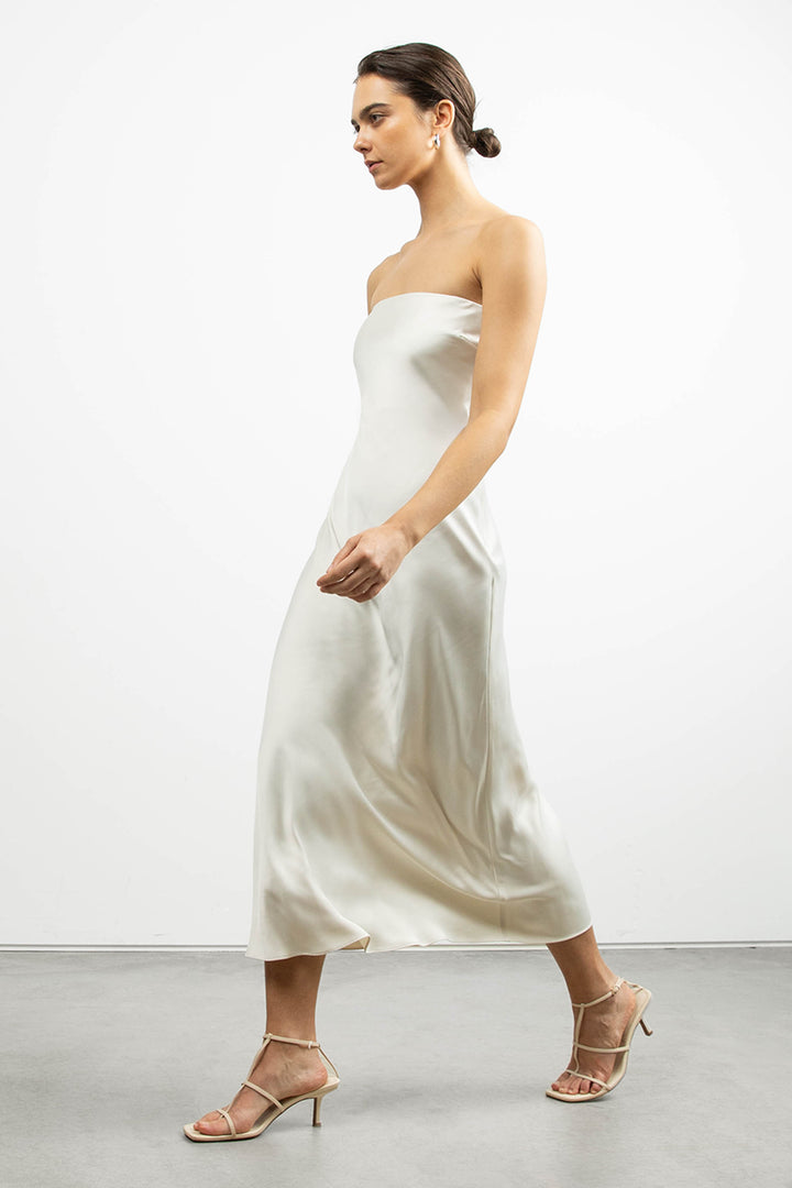 STRAPLESS SATIN DRESS in Cream — alternate angle