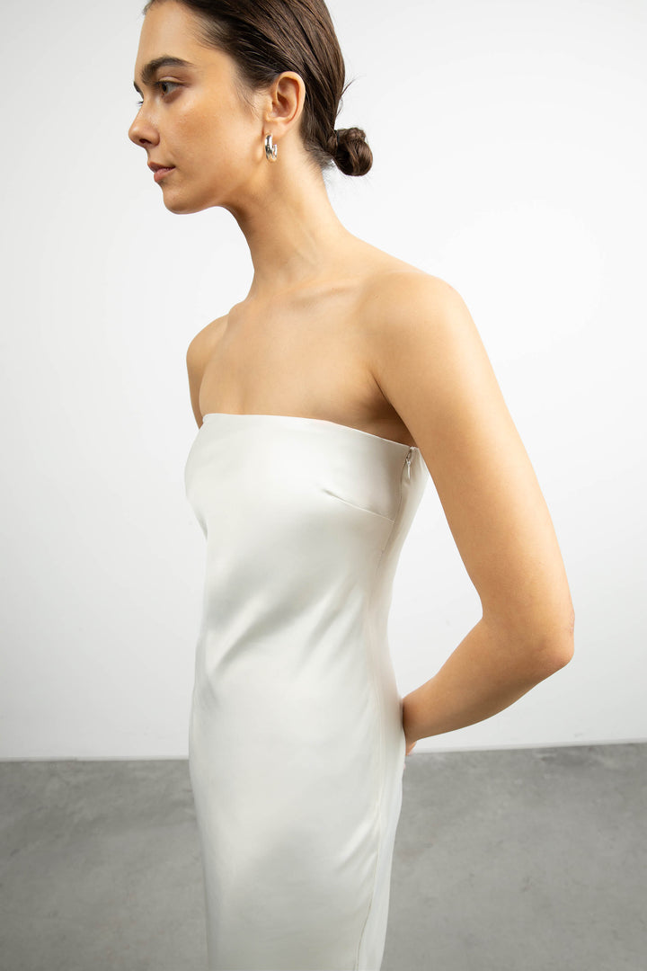 STRAPLESS SATIN DRESS in Cream — alternate angle