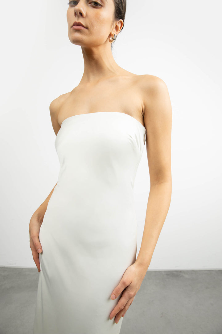STRAPLESS SATIN DRESS in Cream — alternate angle