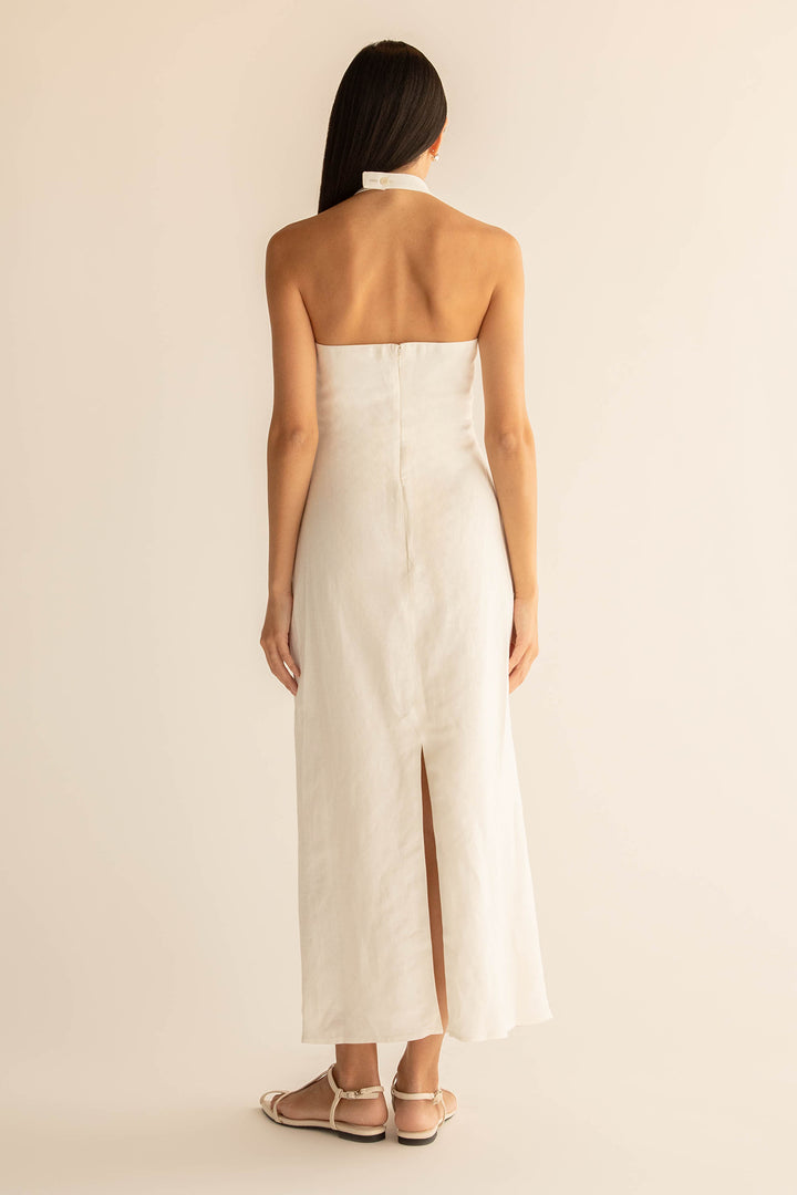 LINEN BLEND ASYMMETRIC HALTER MAXI DRESS