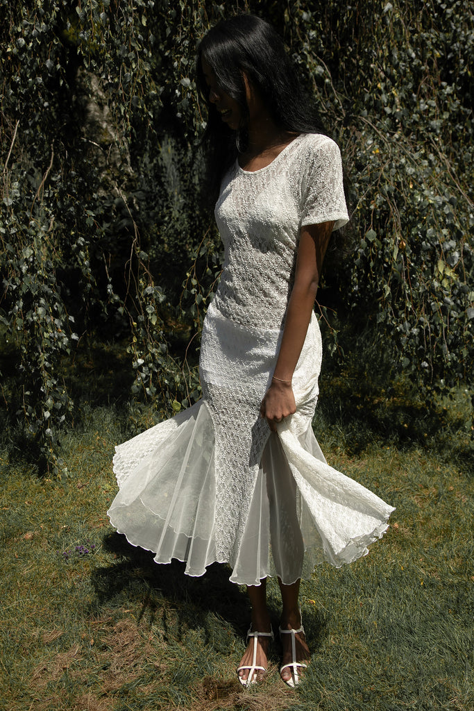 ワンピース Point Lace Pleated Dress Lace Short Sleeve Midi Dress | OAK + FORT