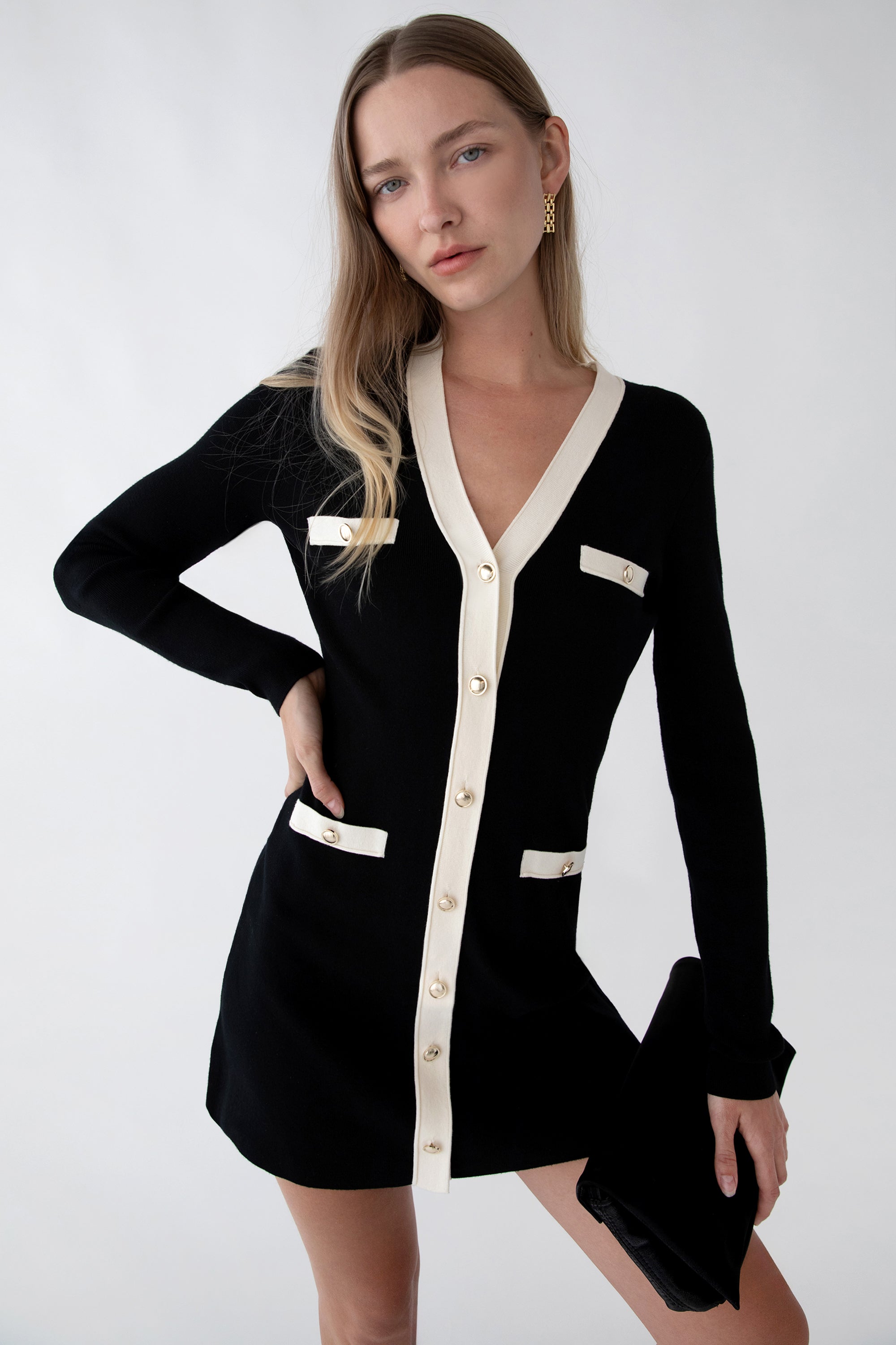 Contrast Trim Button Front Knit Mini Dress | OAK + FORT