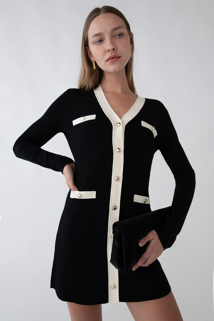 Contrast Trim Button Front Knit Mini Dress | OAK + FORT