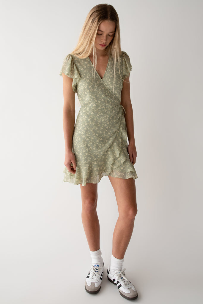 frank and oak wrap dress Floral Wrap Mini Dress with Ruffled Hem