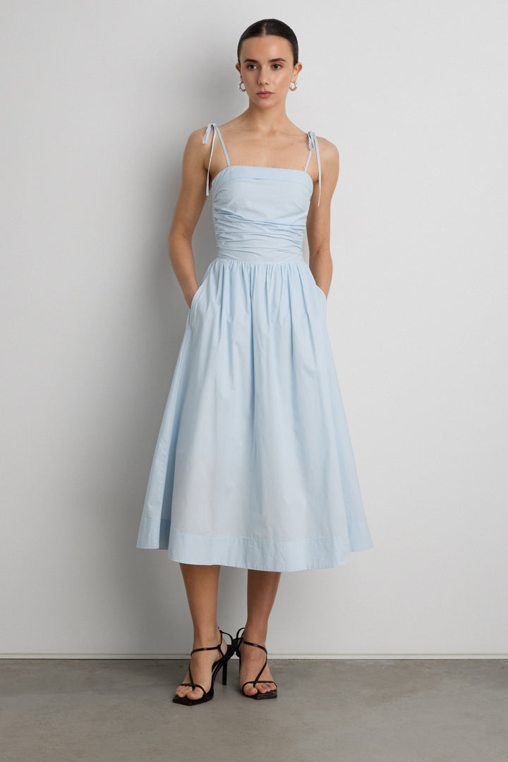 COTTON POPLIN SQUARE NECK MIDI DRESS