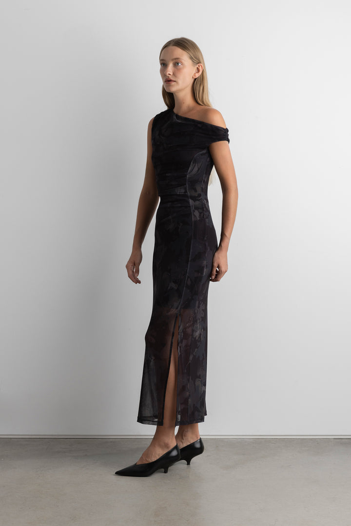 PRINTED OFF SHOULDER MIDI DRESS in Black Floral — alternate angle