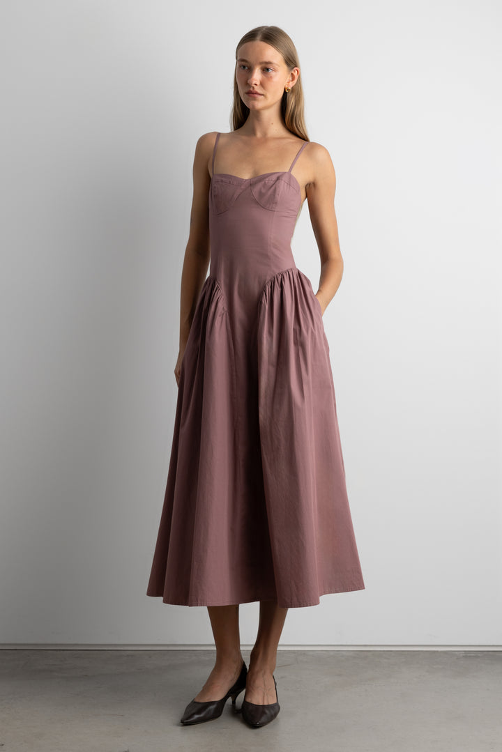 COTTON POPLIN CORSET MIDI DRESS in Rose Taupe — alternate angle