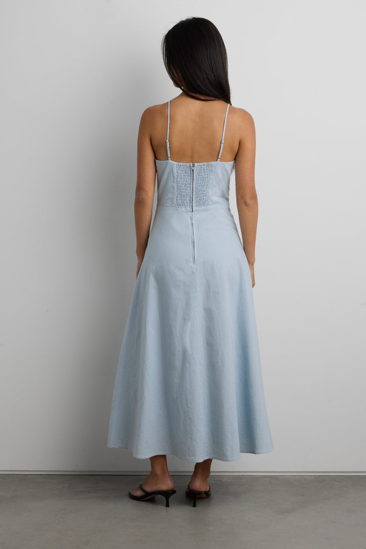 LINEN BLEND MIDI DRESS in CELESTIAL BLUE — alternate angle