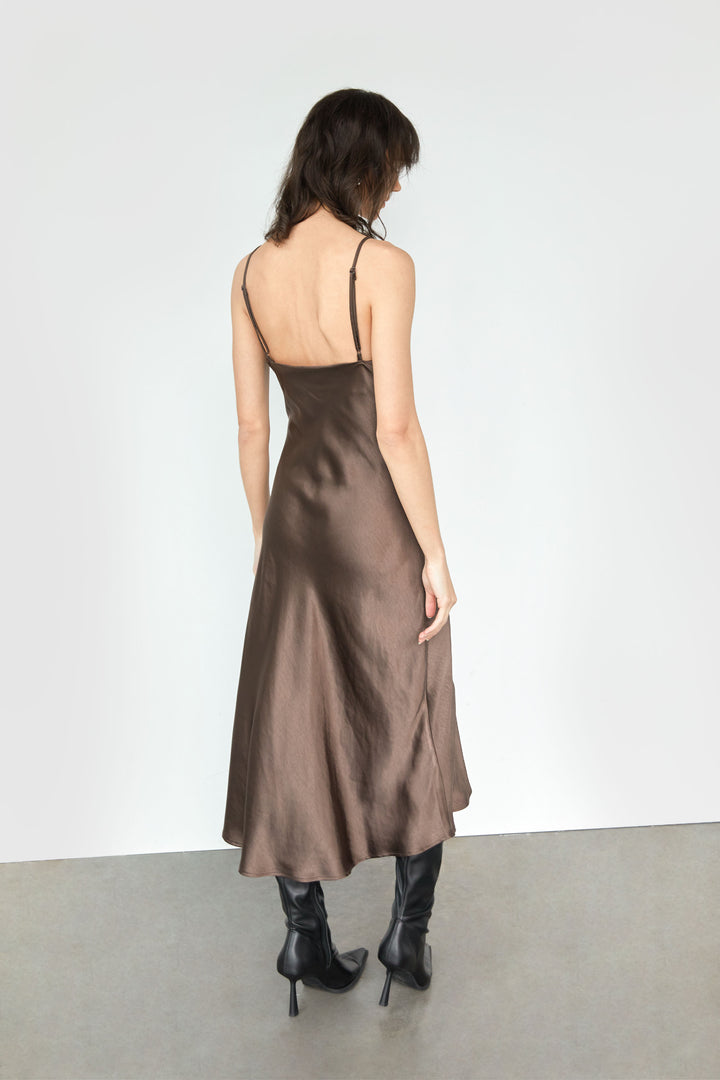 COWL NECK SLIP DRESS in Chocolate Brown — alternate angle