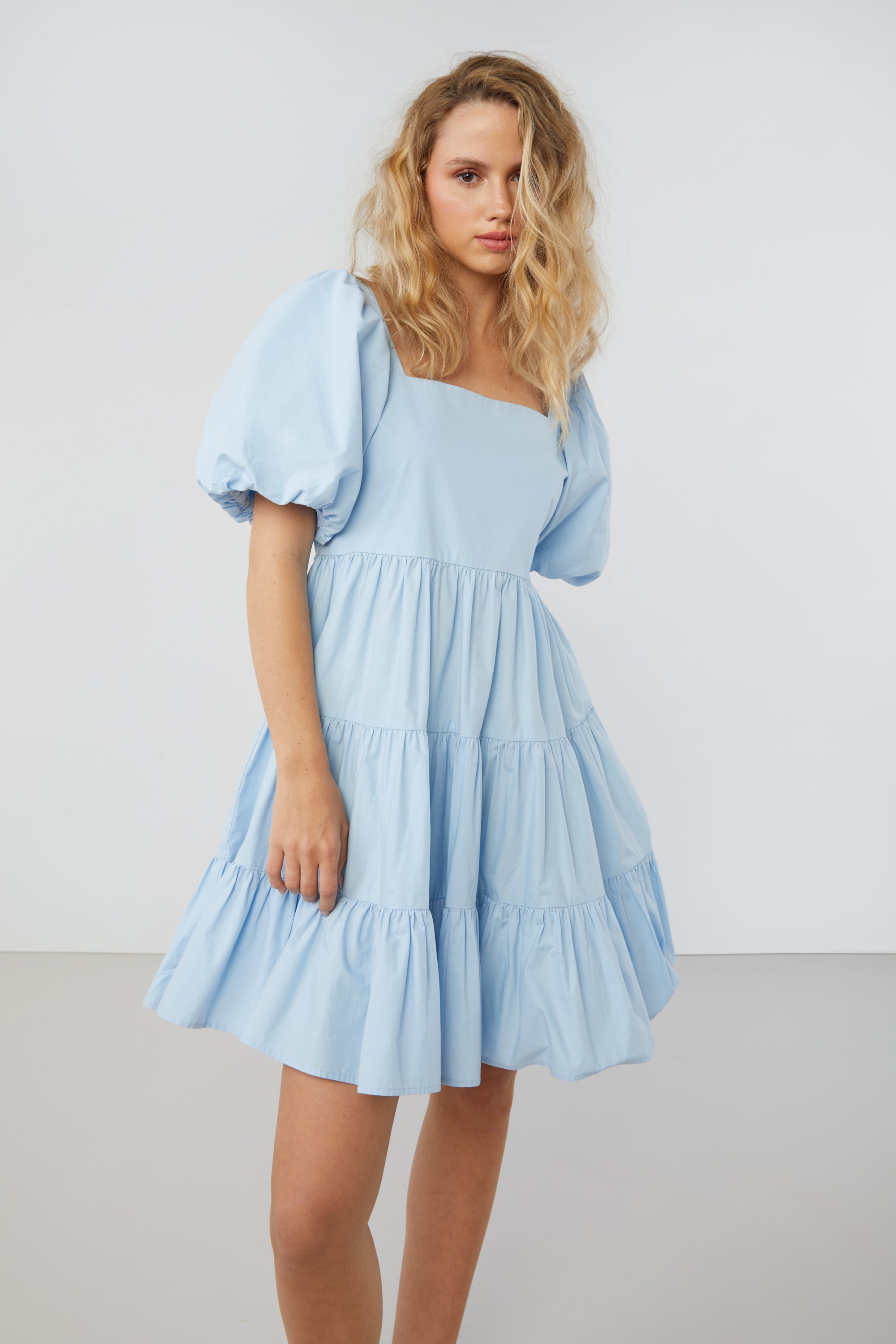 Blue puff sleeve dress sales