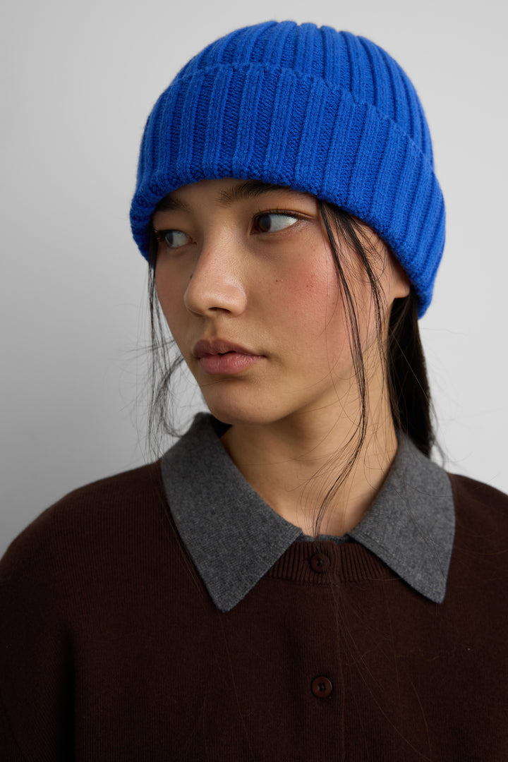 CLASSIC RIBBED KNIT BEANIE in Cobalt Blue — alternate angle