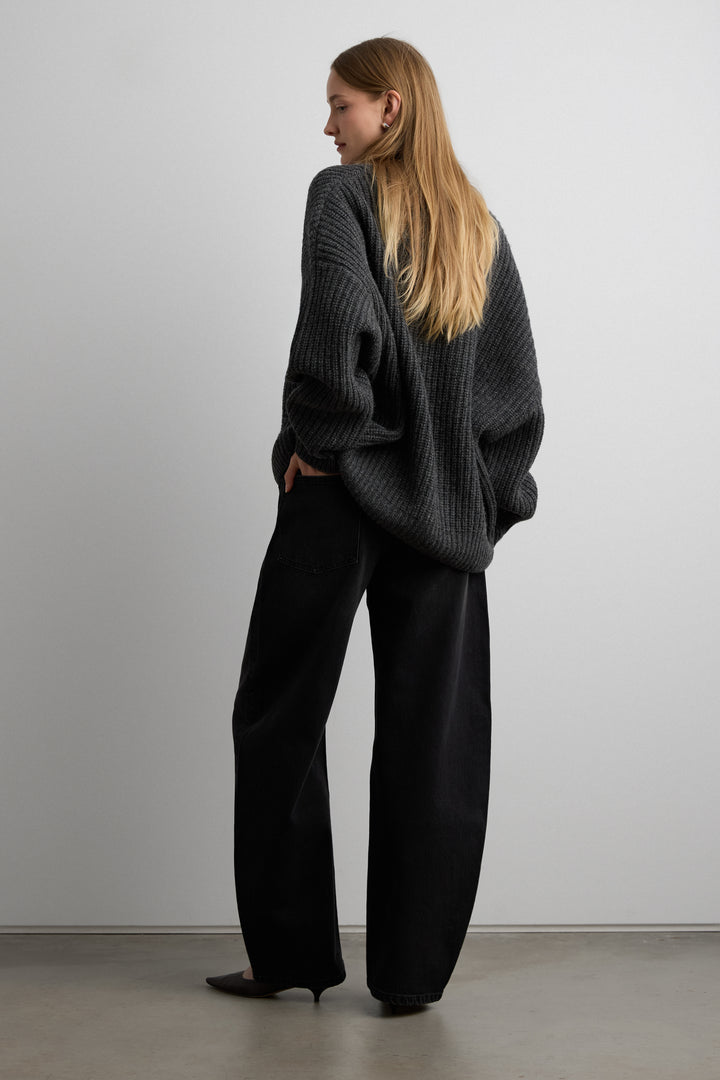 HIGH RISE BARREL LEG JEAN in Black Wash — alternate angle