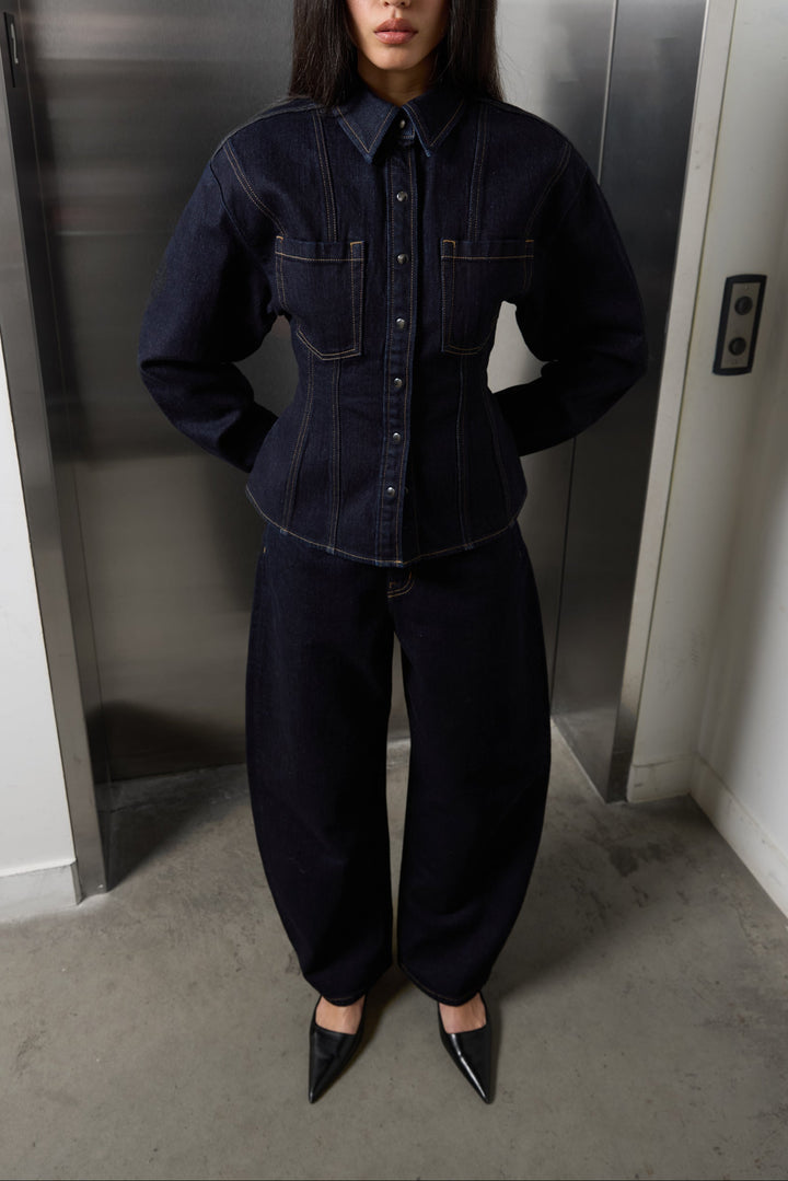 HIGH RISE BARREL LEG JEAN in Rinsed Indigo Wash — alternate angle