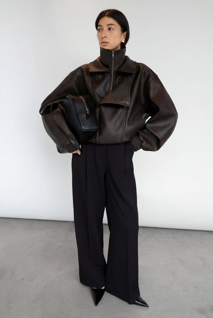 VEGAN LEATHER DOUBLE COLLAR BIKER JACKET in Dark Chocolate — alternate angle