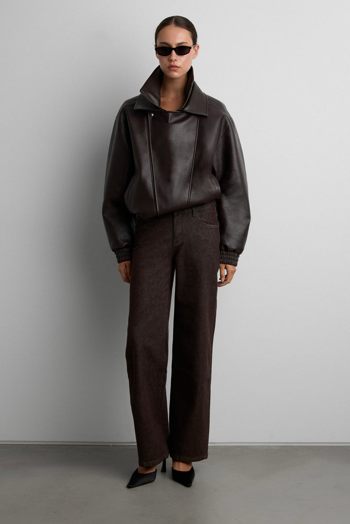VEGAN LEATHER DOUBLE COLLAR BIKER JACKET in Dark Chocolate — alternate angle