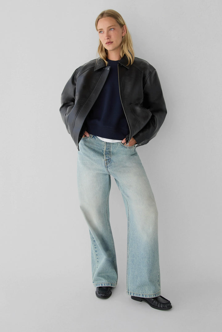 COLLARED VEGAN LEATHER BOMBER JACKET in Black — alternate angle