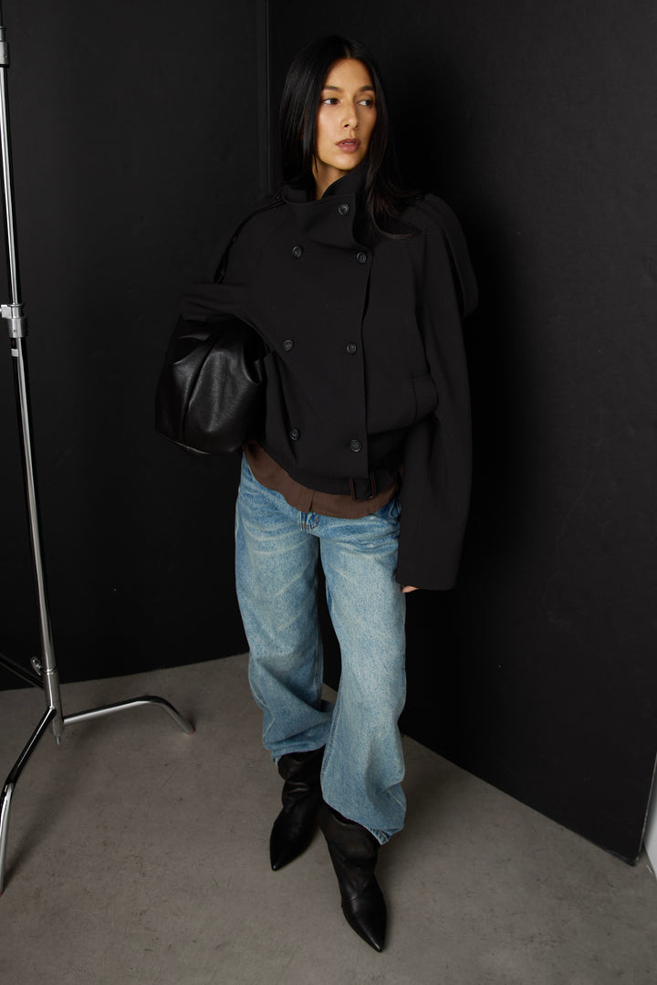 SHORT DOUBLE-BREASTED FUNNEL NECK TRENCH COAT in Black — alternate angle