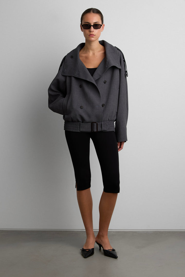 SHORT DOUBLE-BREASTED FUNNEL NECK TRENCH COAT in Dark Heather Grey — alternate angle