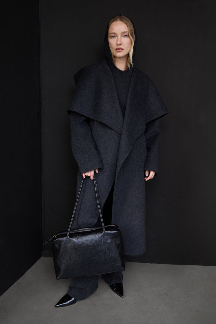 WOOL BLEND HANDMADE BELTED COAT in DARK CHARCOAL — alternate angle