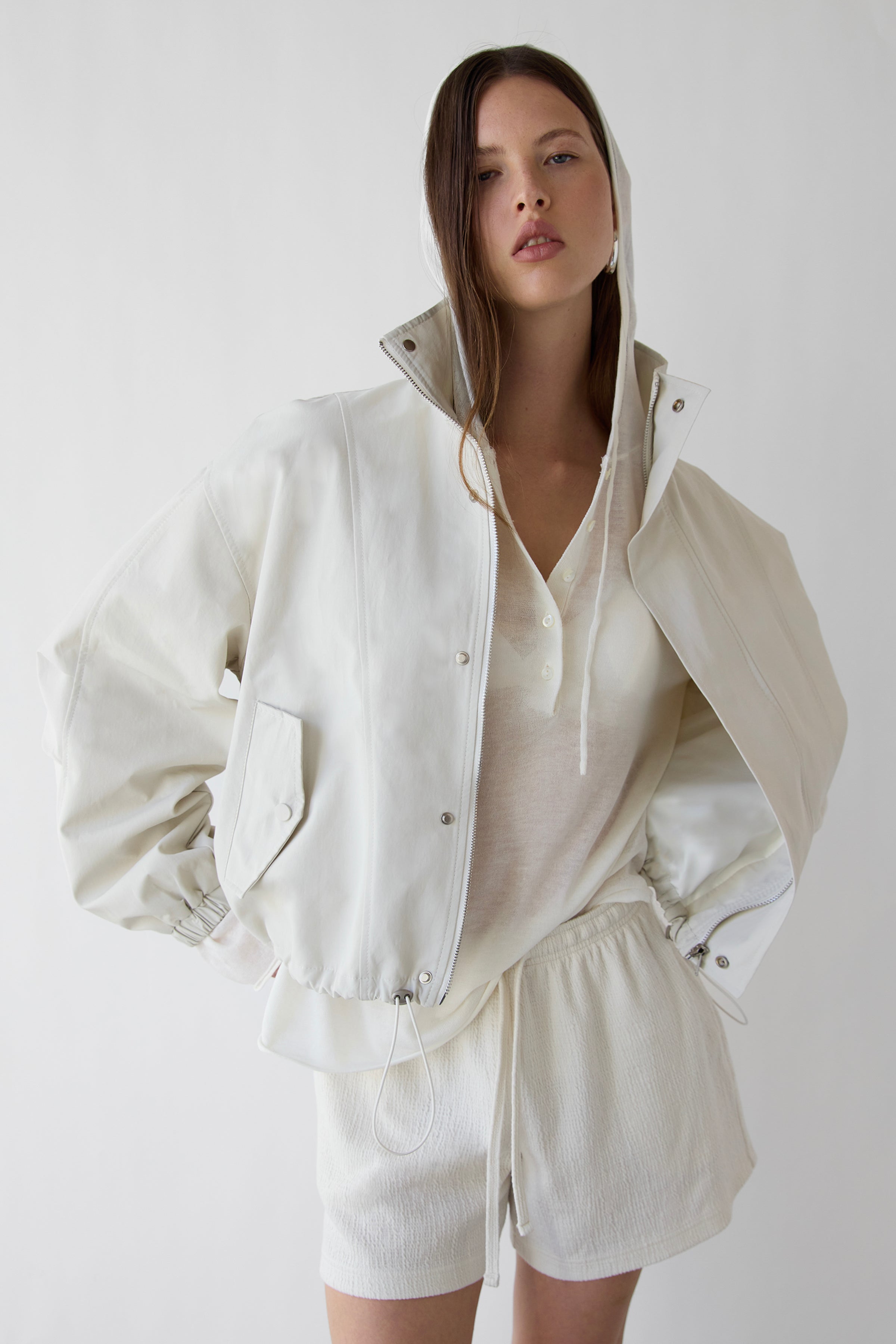 Sheer Linen Blend Hoodie with Button Front | OAK + FORT