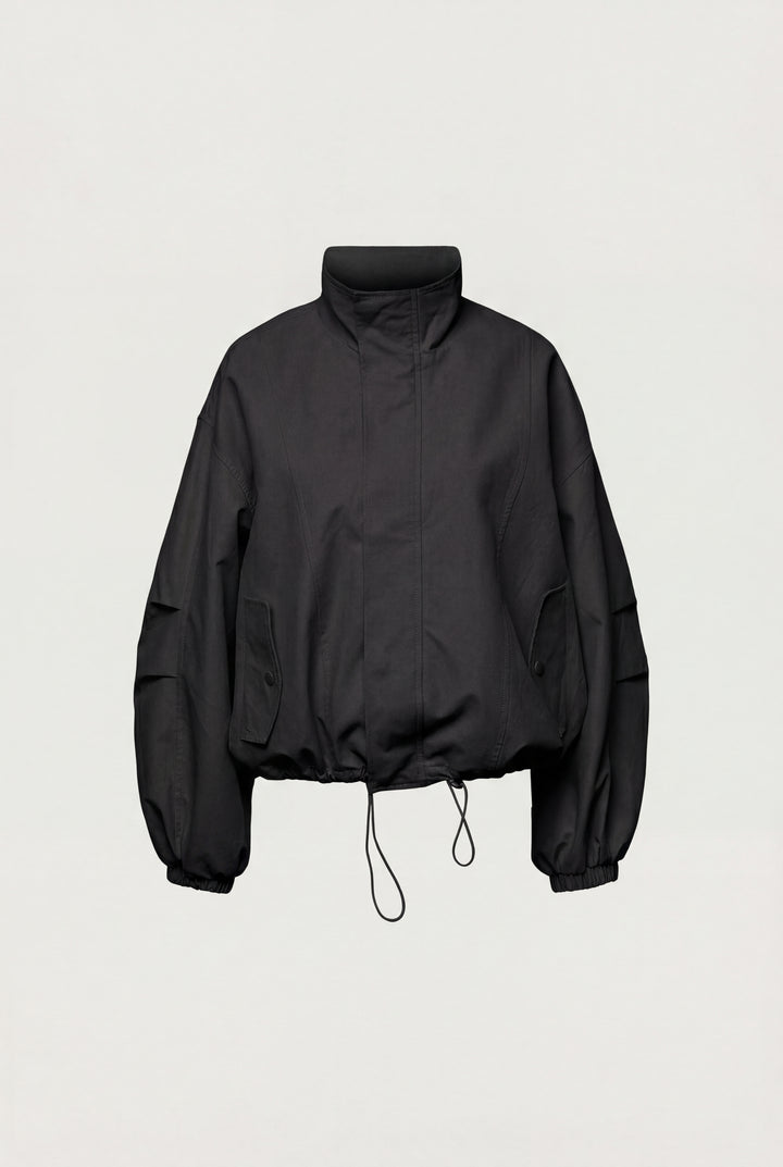 HIGH FUNNEL NECK CROPPED DRAWSTRING JACKET in Black — alternate angle