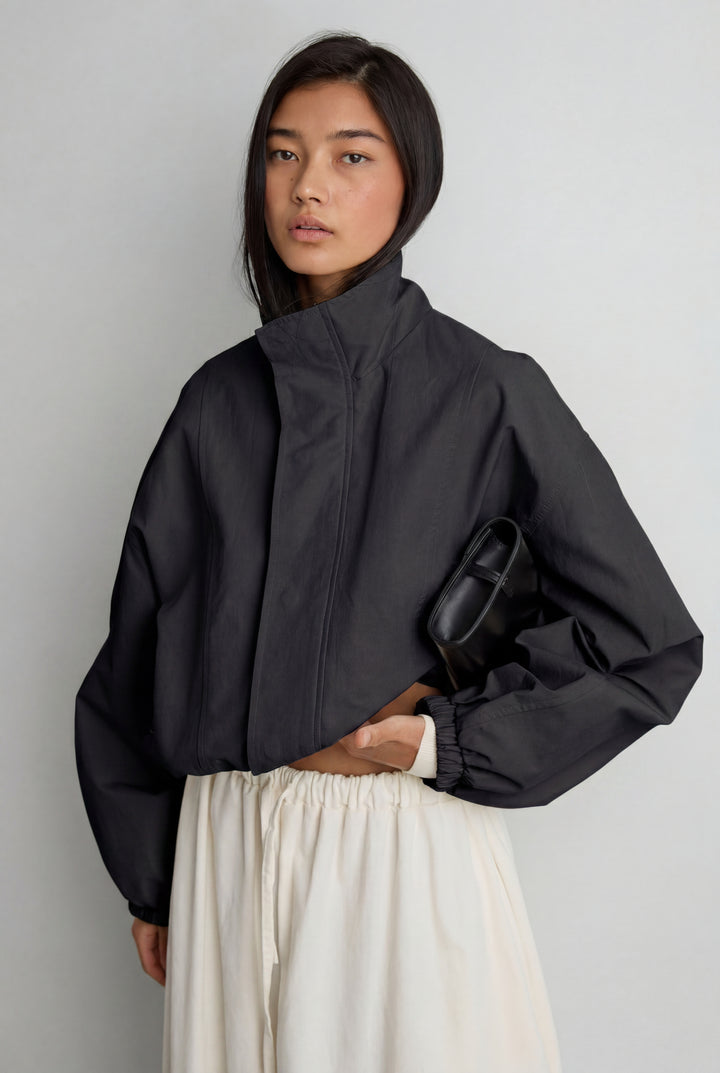 HIGH FUNNEL NECK CROPPED DRAWSTRING JACKET in Black — alternate angle