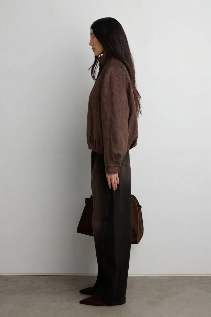 CROPPED TEXTURED FUNNEL NECK JACKET in Brown — alternate angle