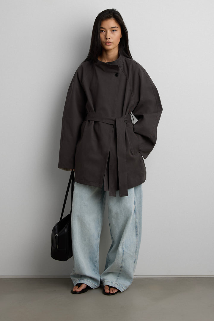 BELTED FUNNEL NECK JACKET in Charcoal — alternate angle