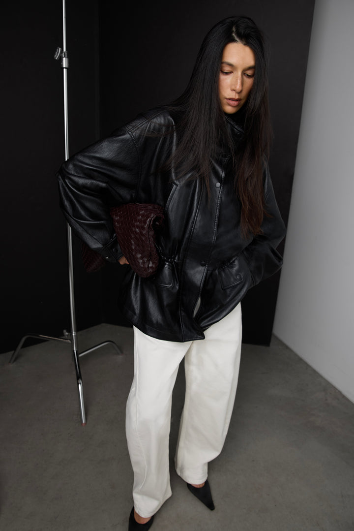 VEGAN LEATHER UTILITY JACKET in Black — alternate angle