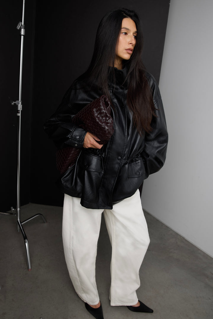 VEGAN LEATHER UTILITY JACKET in Black — alternate angle