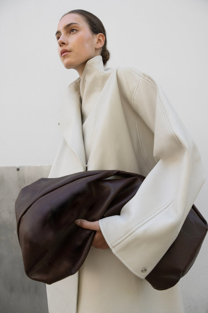 OVERSIZED COTTON BLEND VEGAN LEATHER COAT in Cream — alternate angle