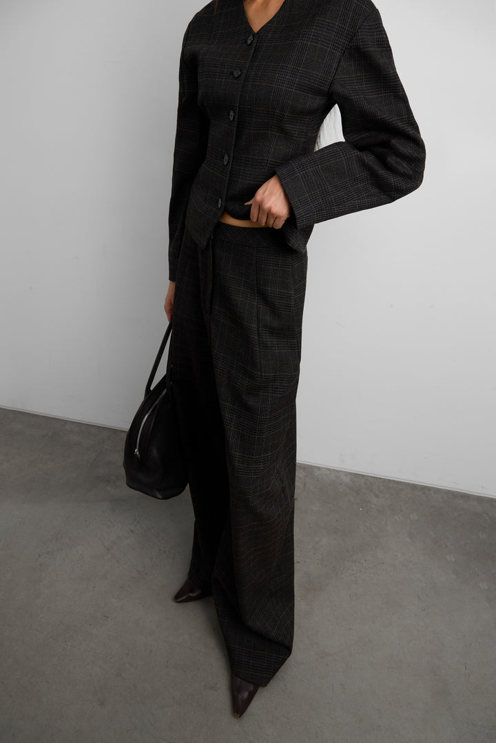 BRUSHED MID-RISE WIDE LEG TROUSER in GREY BROWN PLAID — alternate angle