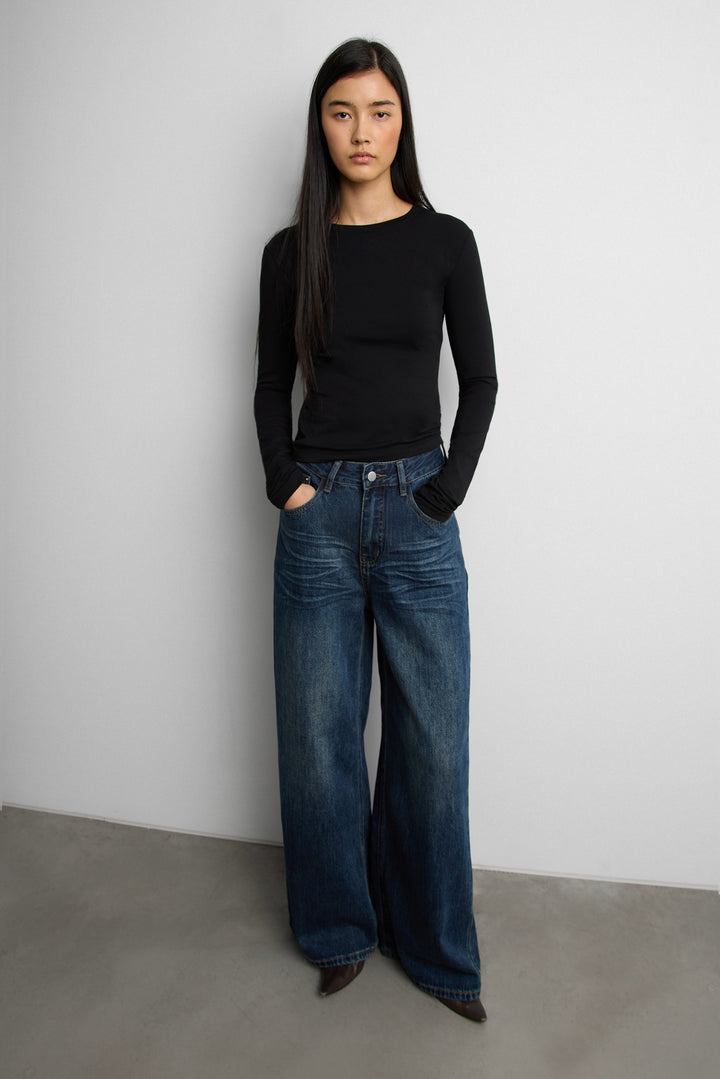 WOVEN DENIM WIDE LEG PANT in Blue — alternate angle