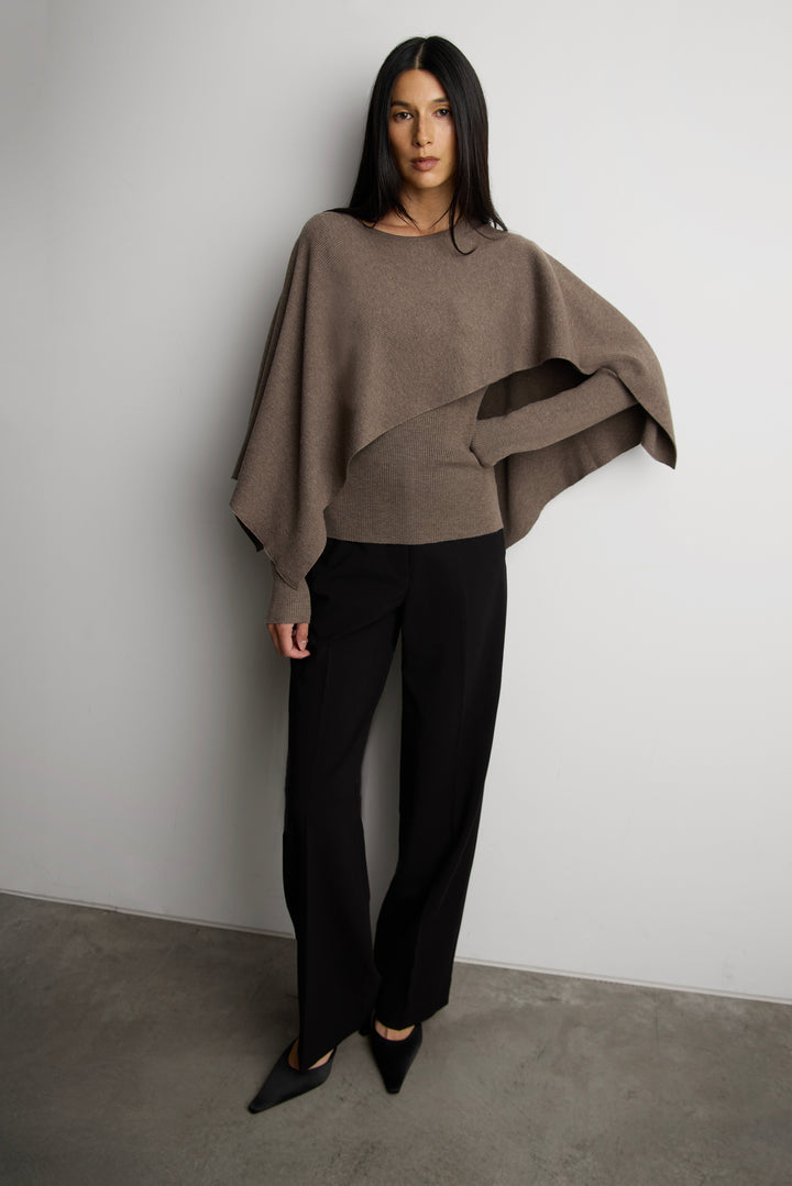 CAPE AND SWEATER SET WITH ASYMMETRICAL HEM in Taupe — alternate angle