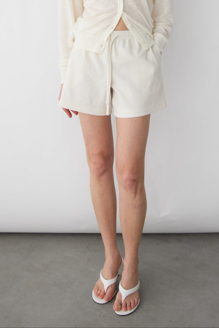 KNIT DRAWSTRING ELASTIC WAIST SHORT in Cream — alternate angle