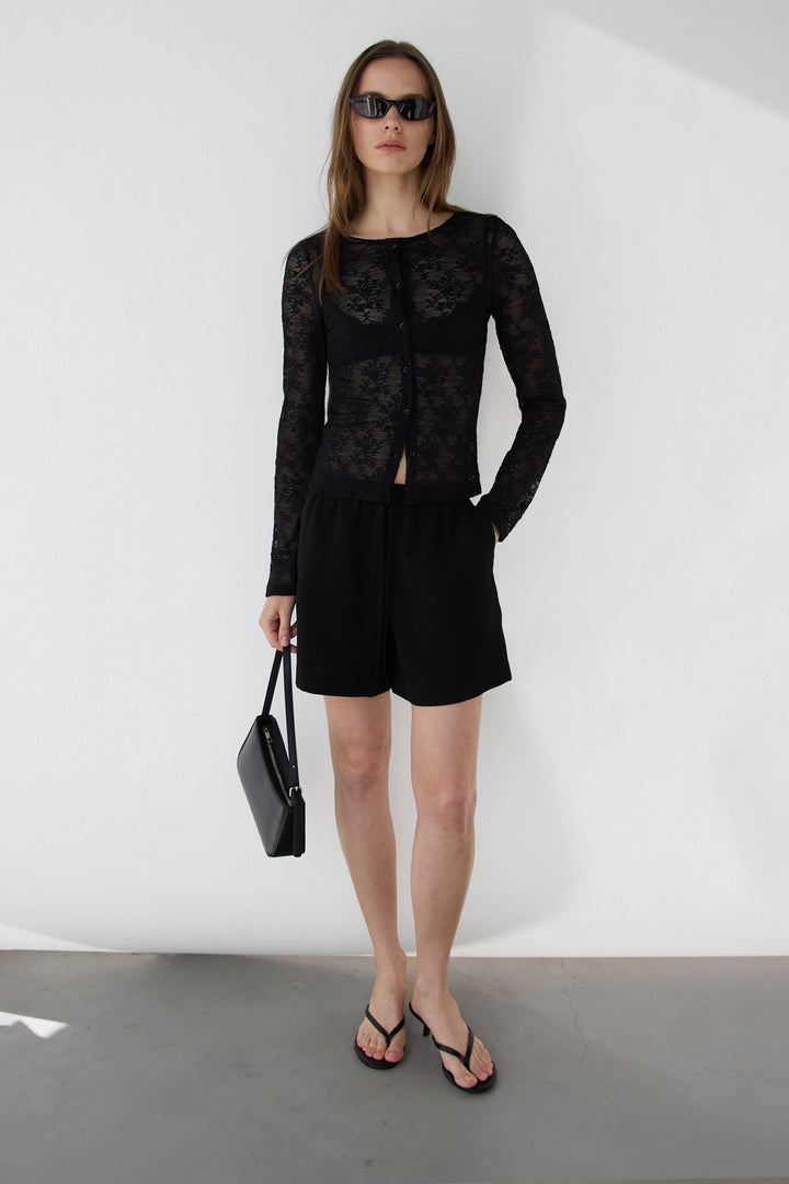 CREPE DRAWSTRING WAIST SHORT in Black — alternate angle