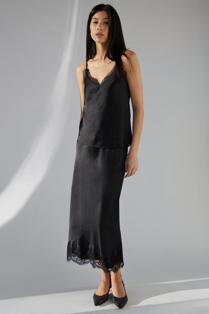 Lace Trim Satin Midi Skirt | OAK + FORT